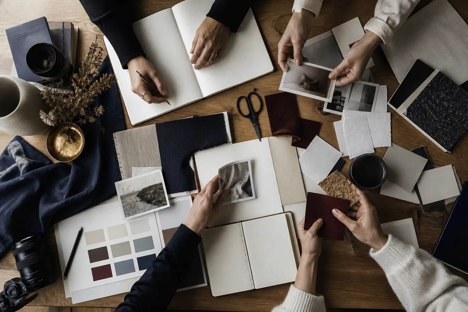 Atelier de direction artistique avec matières, photos et nuancier