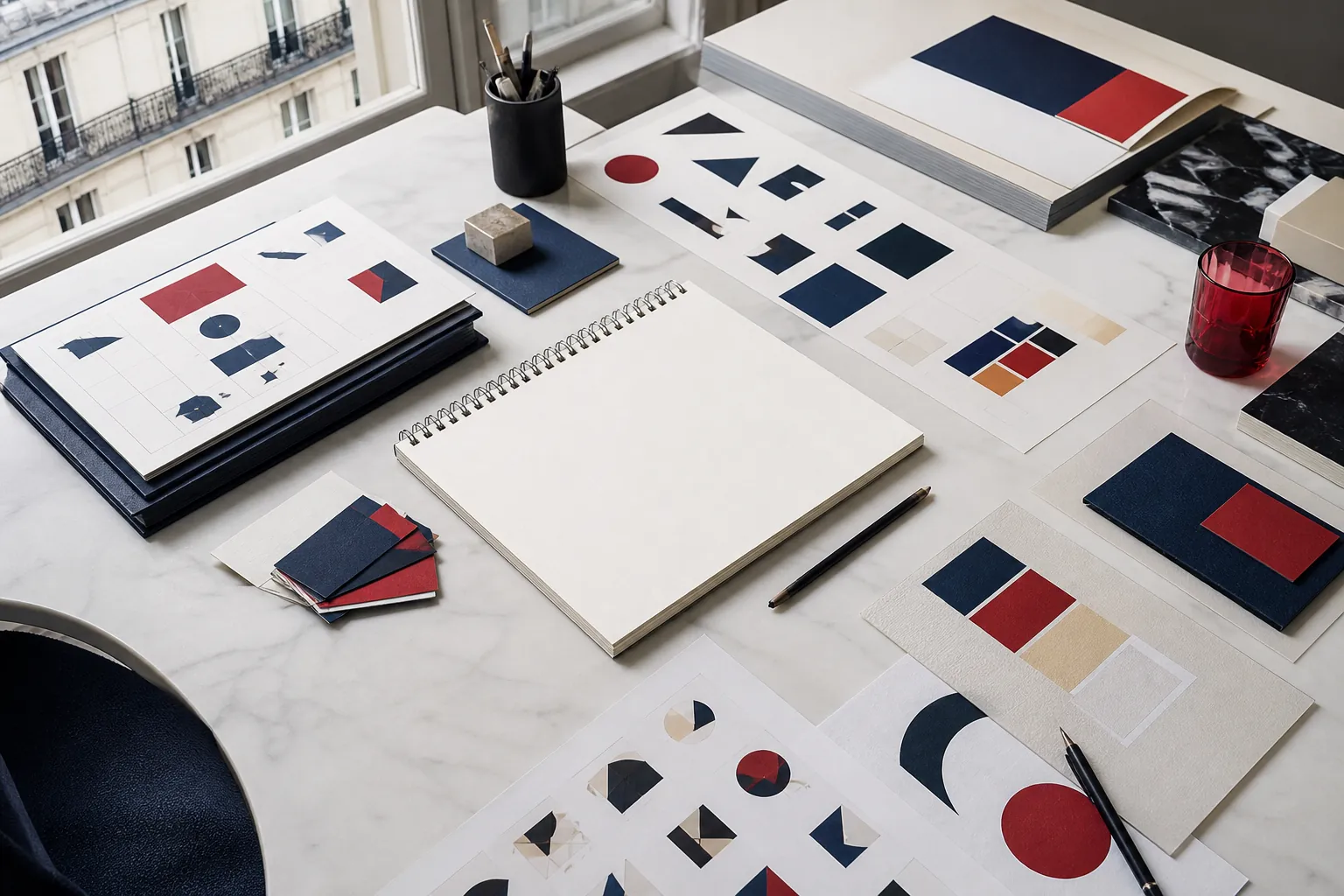 Atelier de création d’identité visuelle avec nuanciers et recherches graphiques