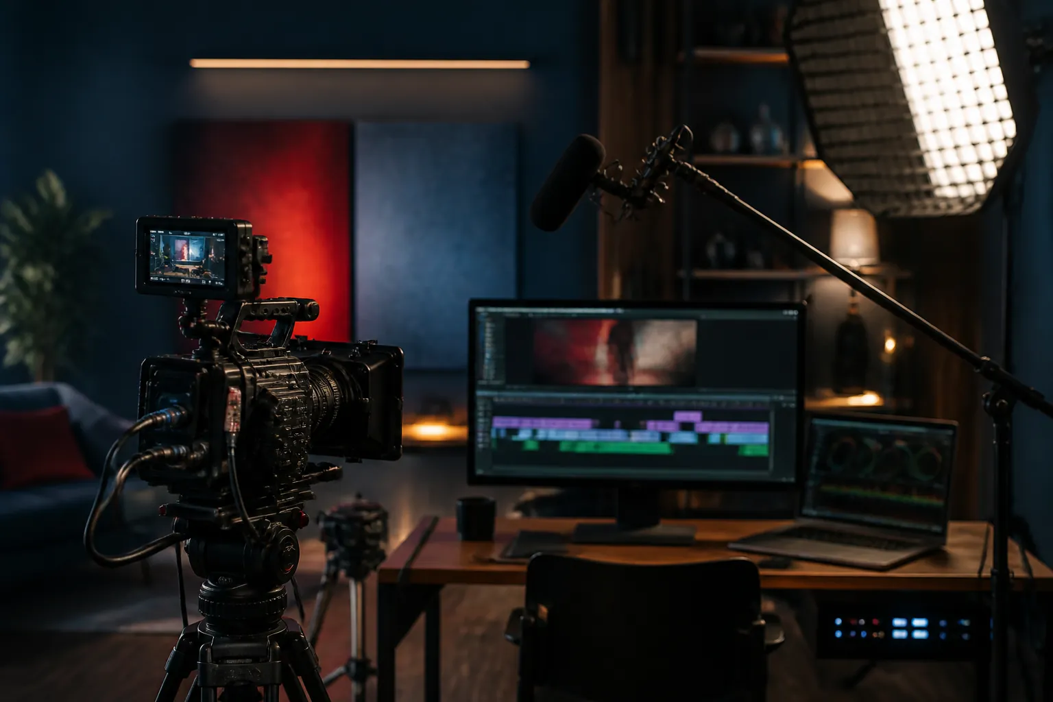 Caméra, microphone et poste de montage dans un studio de production vidéo