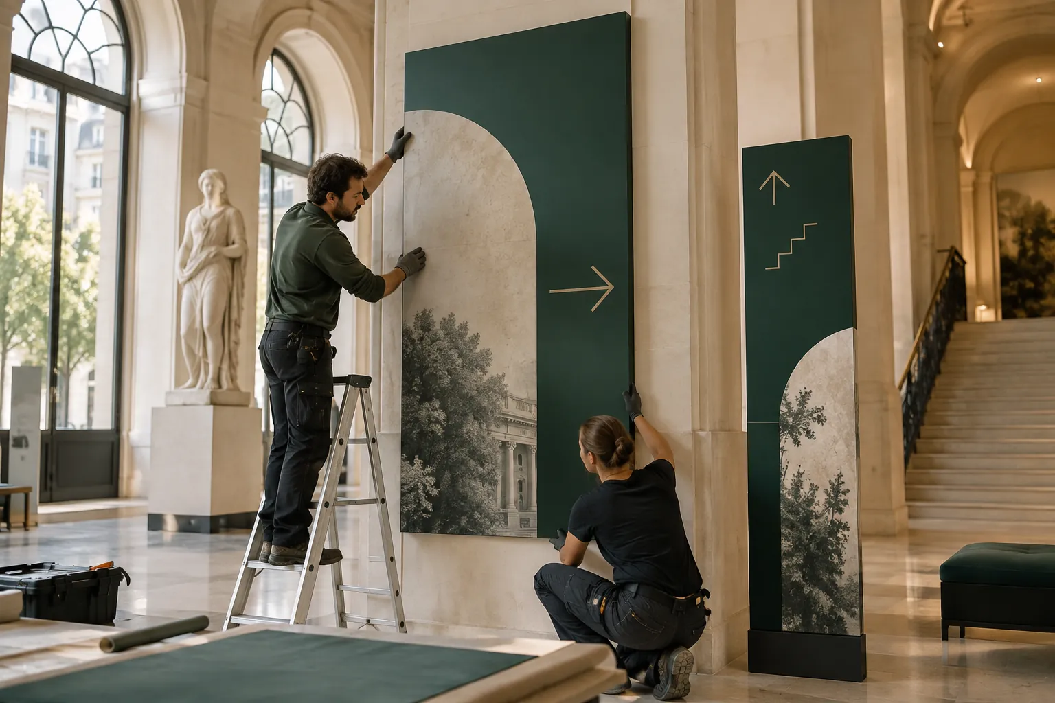 Installation de panneaux de signalétique dans un lieu culturel