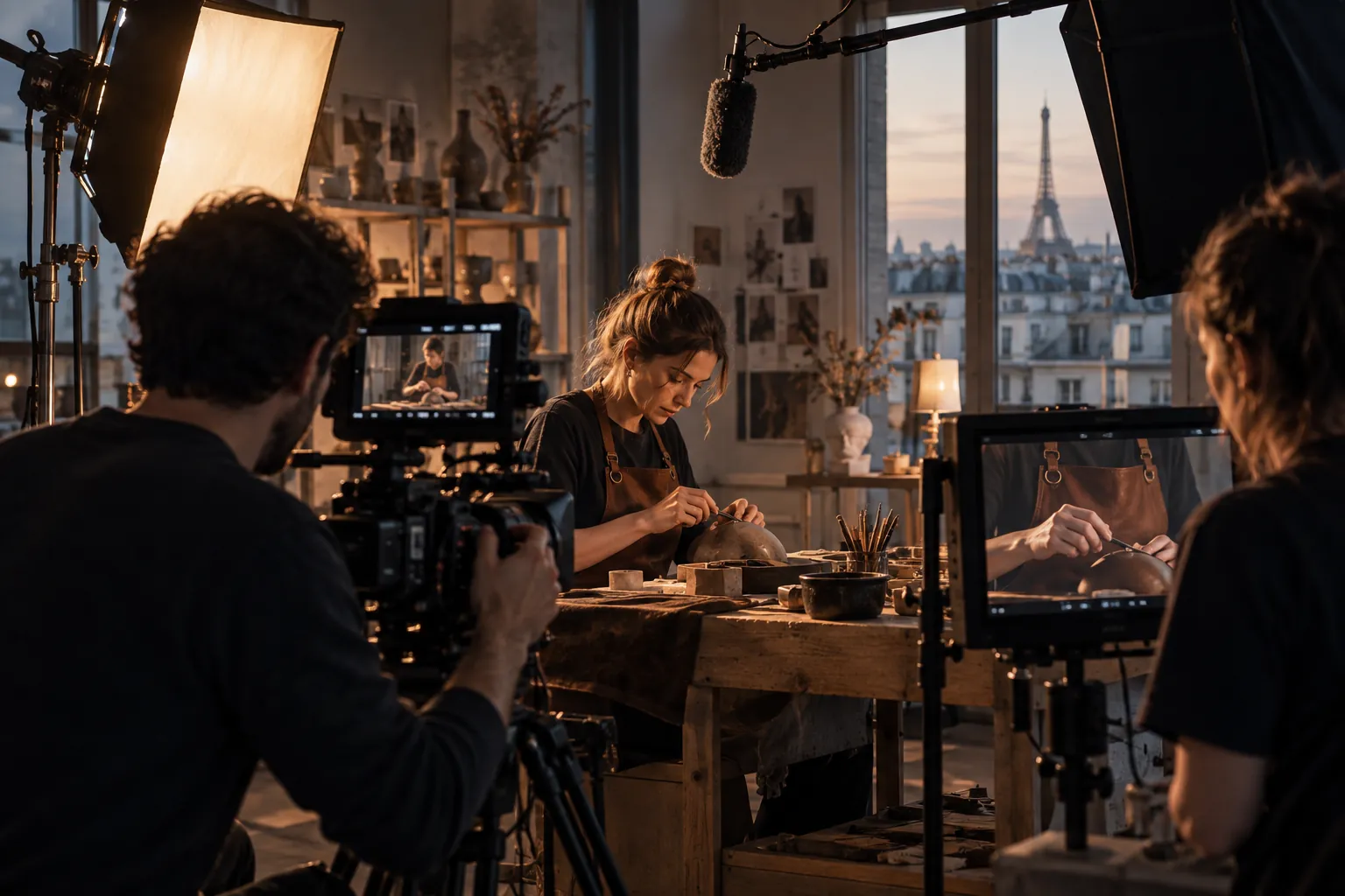 Équipe de tournage filmant une artisane dans son atelier