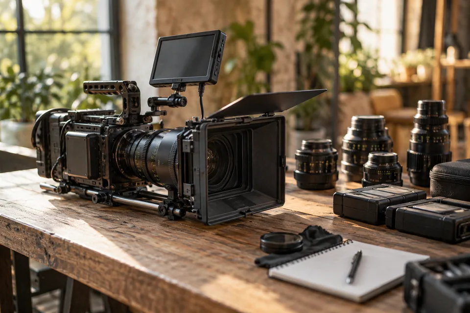 Illustration générée par IA : une caméra de cinéma, des objectifs et des batteries disposés sur une table.