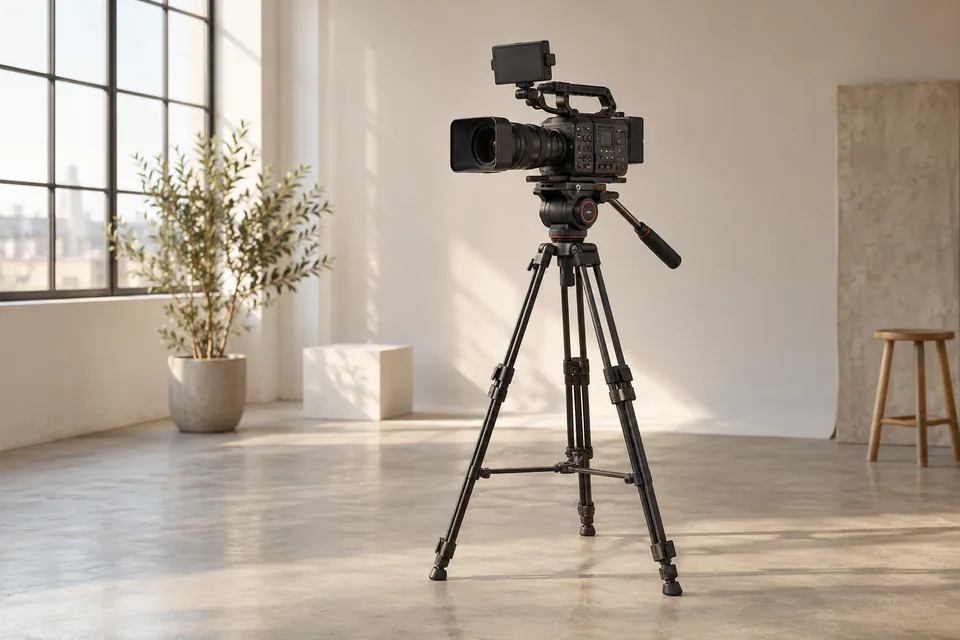 Illustration générée par IA : une caméra vidéo montée sur un trépied dans un studio fictif.