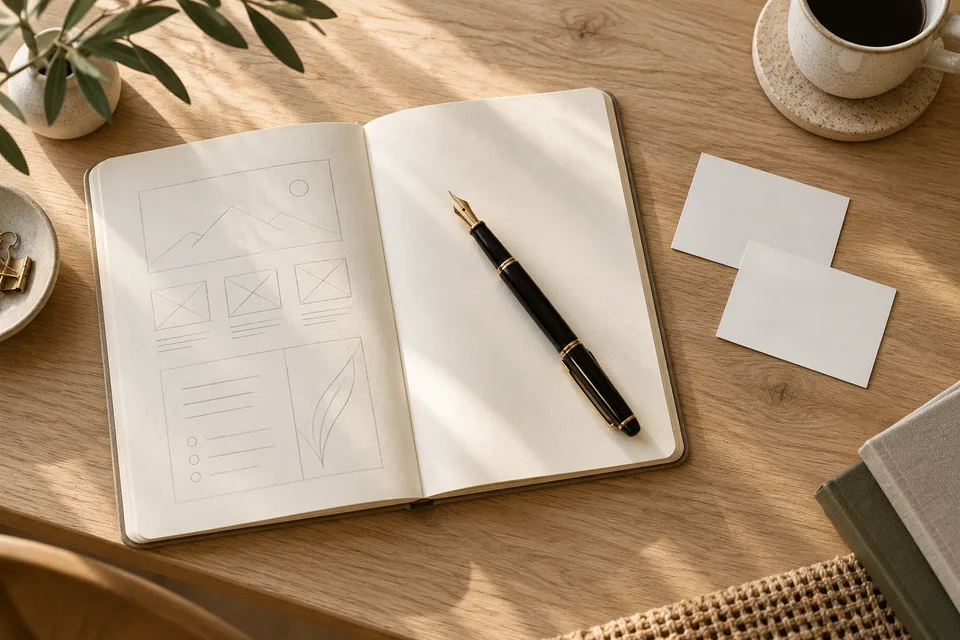 Illustration générée par IA : un carnet ouvert avec un stylo et des esquisses de mise en page.
