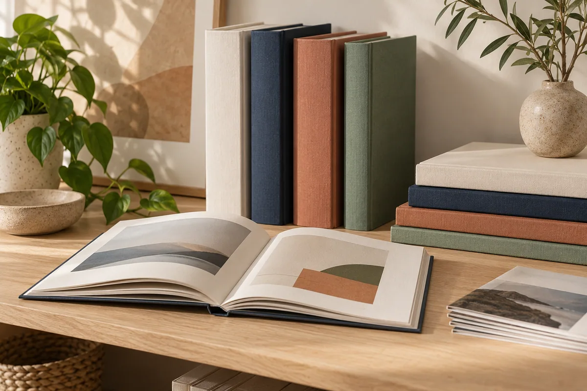 Illustration générée par IA : des livres aux couvertures sobres et un ouvrage ouvert sur une étagère.