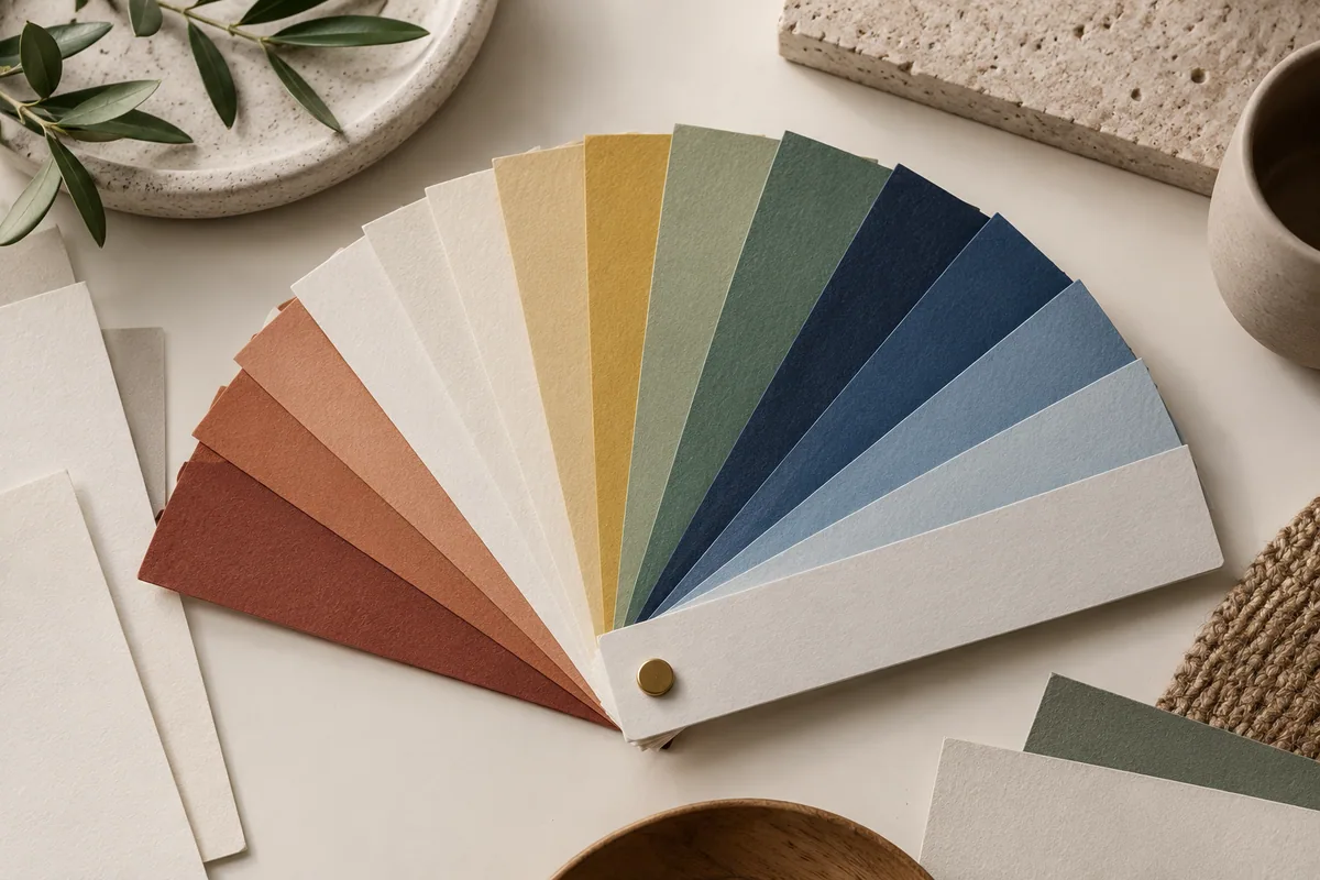 Illustration générée par IA : un nuancier de couleurs ouvert en éventail sur une table de création.
