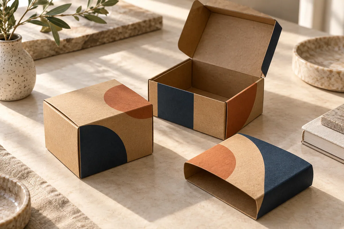 Illustration générée par IA : des boîtes en carton kraft et un fourreau aux motifs géométriques.