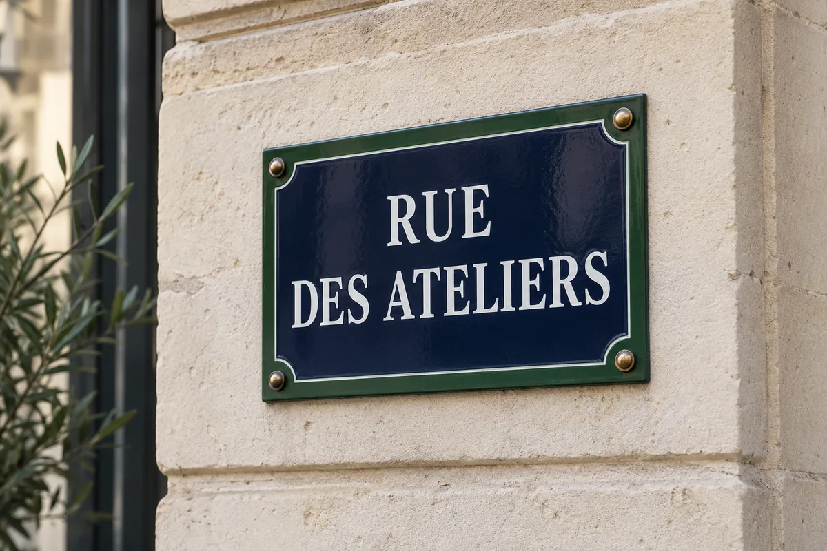 Illustration générée par IA : une plaque fictive « Rue des Ateliers » sur un mur en pierre.