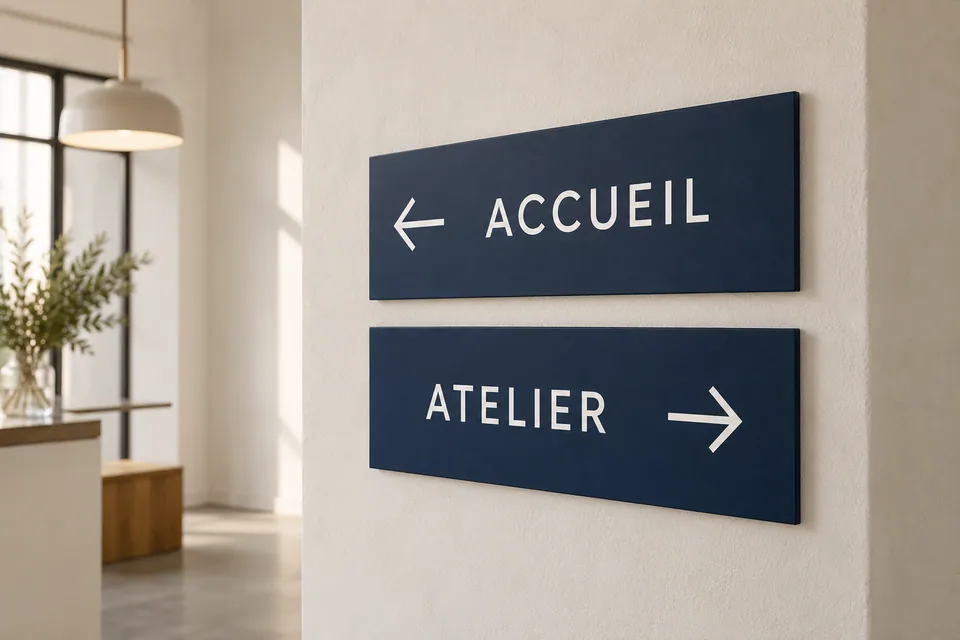 Illustration générée par IA : deux panneaux directionnels « Accueil » et « Atelier » avec des flèches.